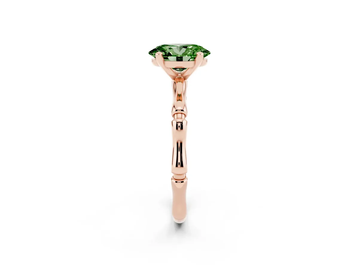 Fancy Green Oval Cut Solitaire Diamond Ring with Bamboo Band and Four-Prong Setting Rose gold
