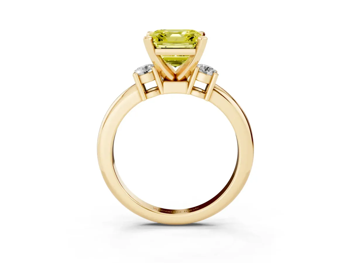 Fancy Yellow Three-Stone Asscher Cut Cut Diamond Solitaire with Prong Setting and Classic Band Yellow gold