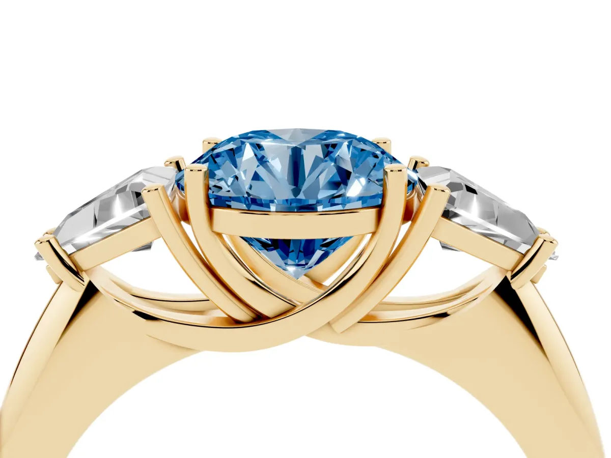Fancy Blue Three-Stone Round Cut Diamond Engagement Ring with Trillion Side Stones and Prong Setting Yellow gold