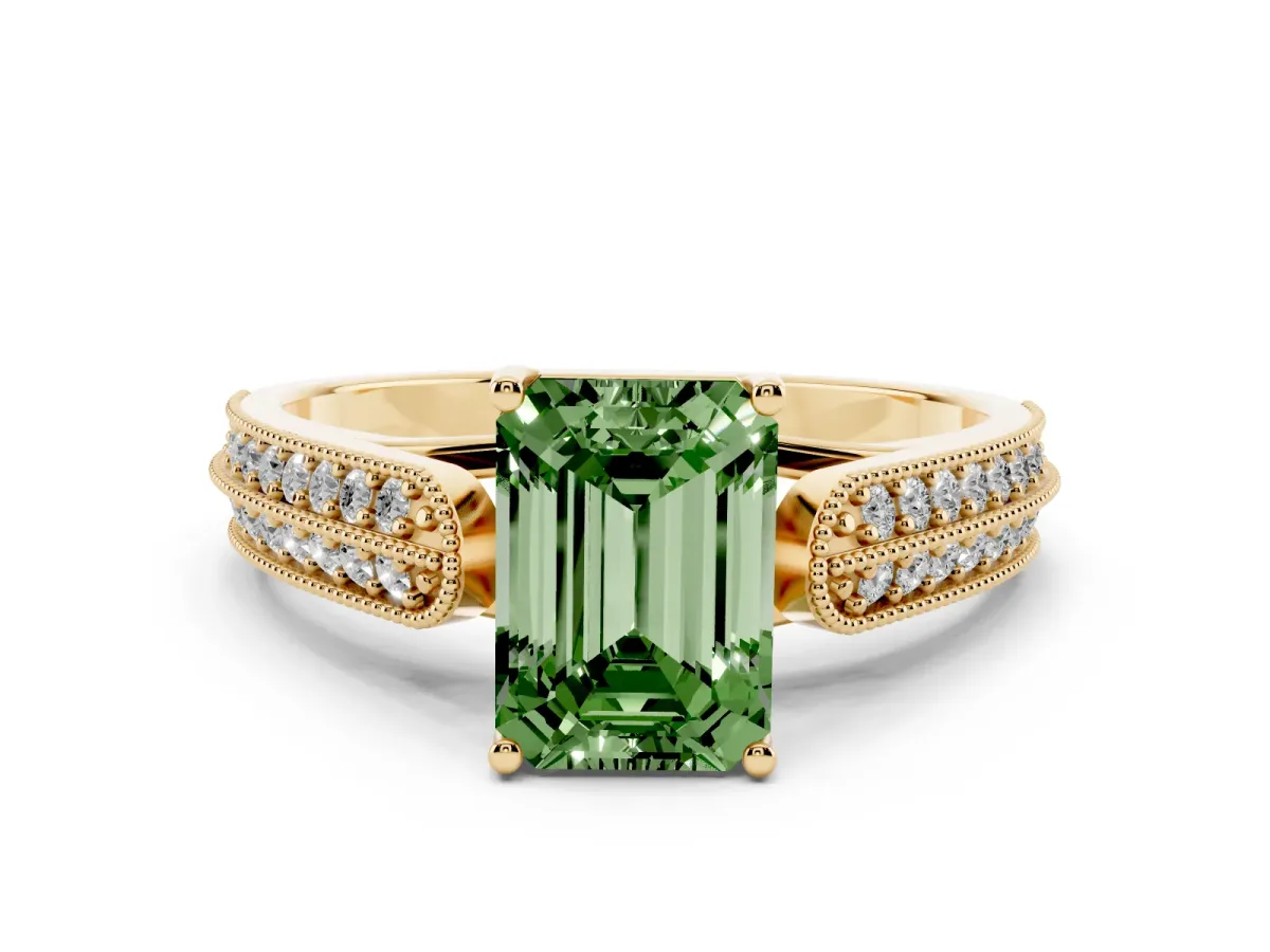 Fancy Green Emerald Cut Cut Pave Split Shank Engagement Ring with Four-Prong Setting Yellow gold