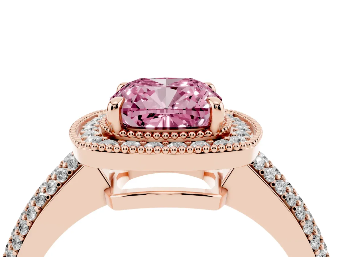 Fancy Pink Cushion Cut Cut Halo Diamond Pave Band with Four-Prong Setting Rose gold