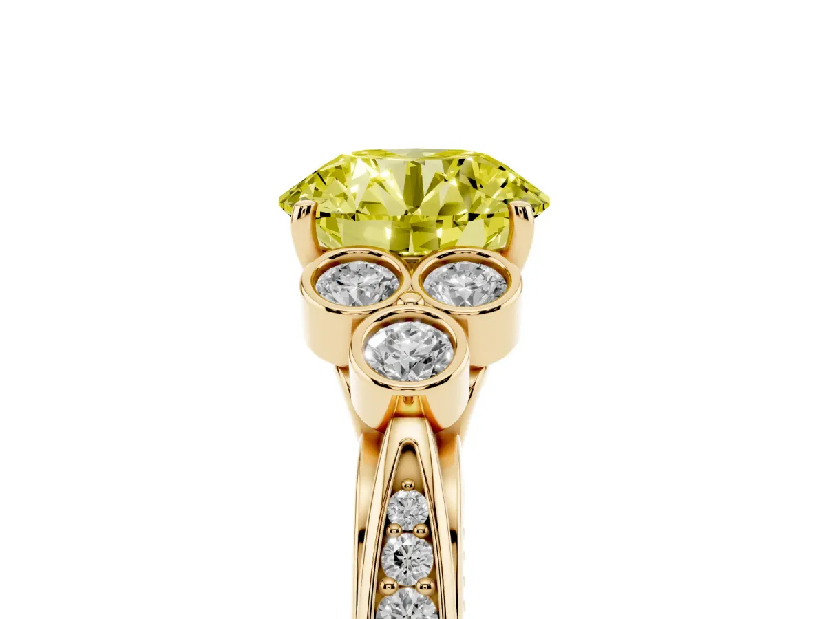 Fancy Yellow Round Cut Cut Diamond Engagement Ring with Bezel Set Round Side Stones and Prong Setting Yellow gold