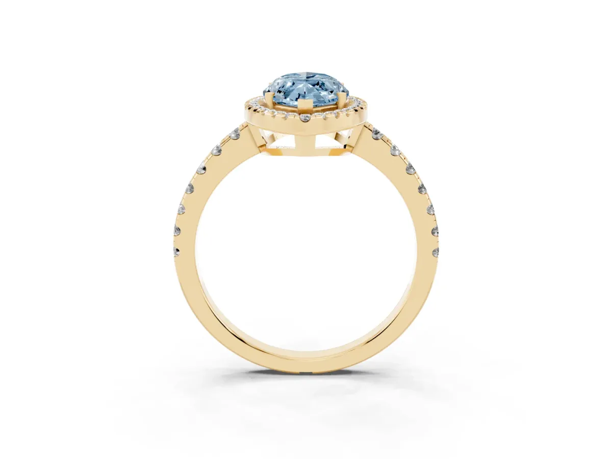 Fancy Blue Marquise Cut Diamond Halo Ring with Pavé Band and Four-Prong Setting Yellow gold