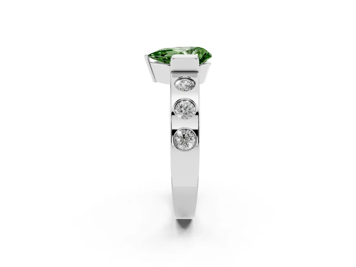 Fancy Green Pear Cut Brilliant Channel-Set Diamond Ring with Bezel Prong Setting Platinum