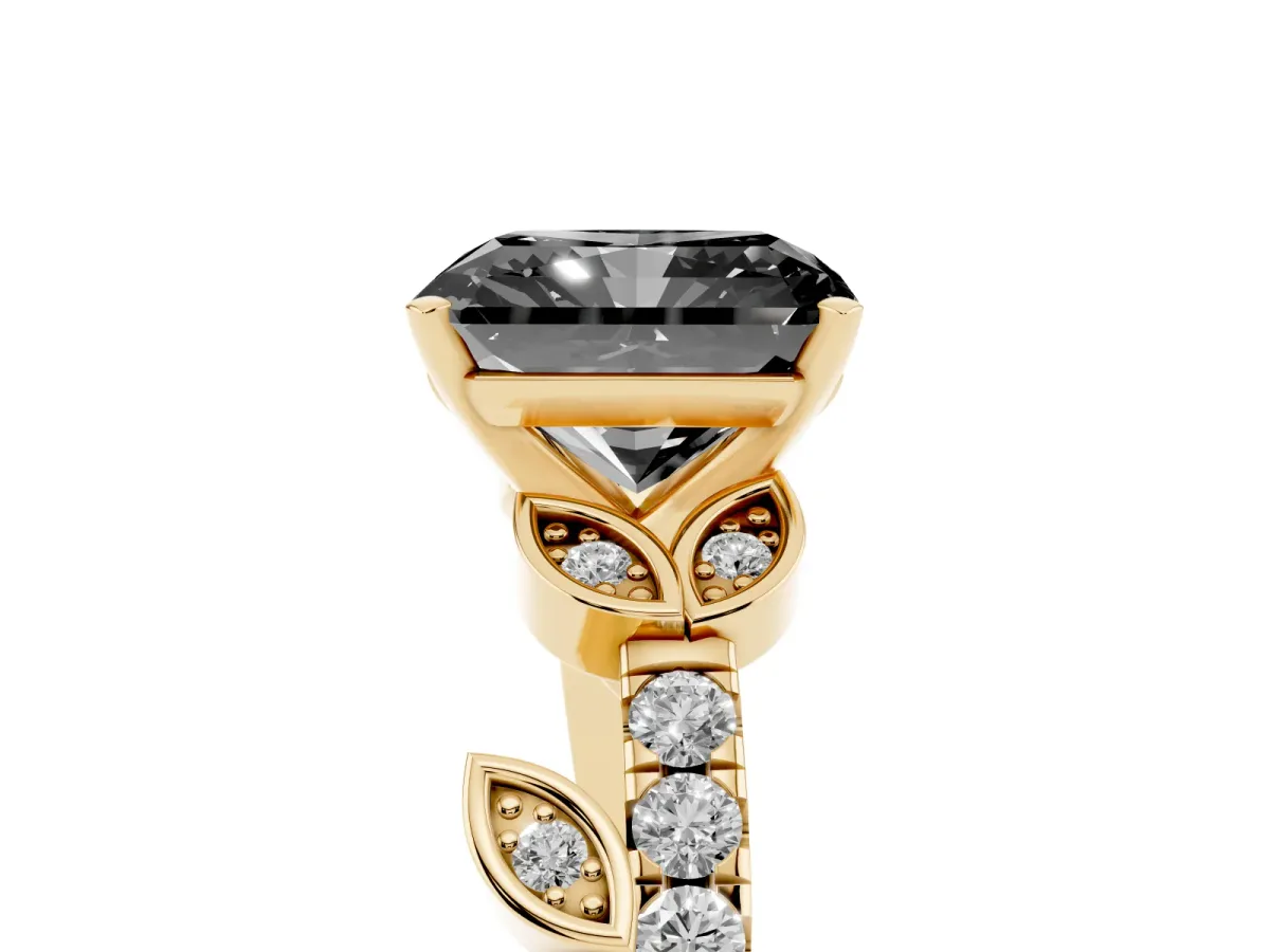 Fancy Black Radiant Cut Solitaire Leaf-Inspired Diamond Ring with Pavé Band and Four-Prong Setting Yellow gold
