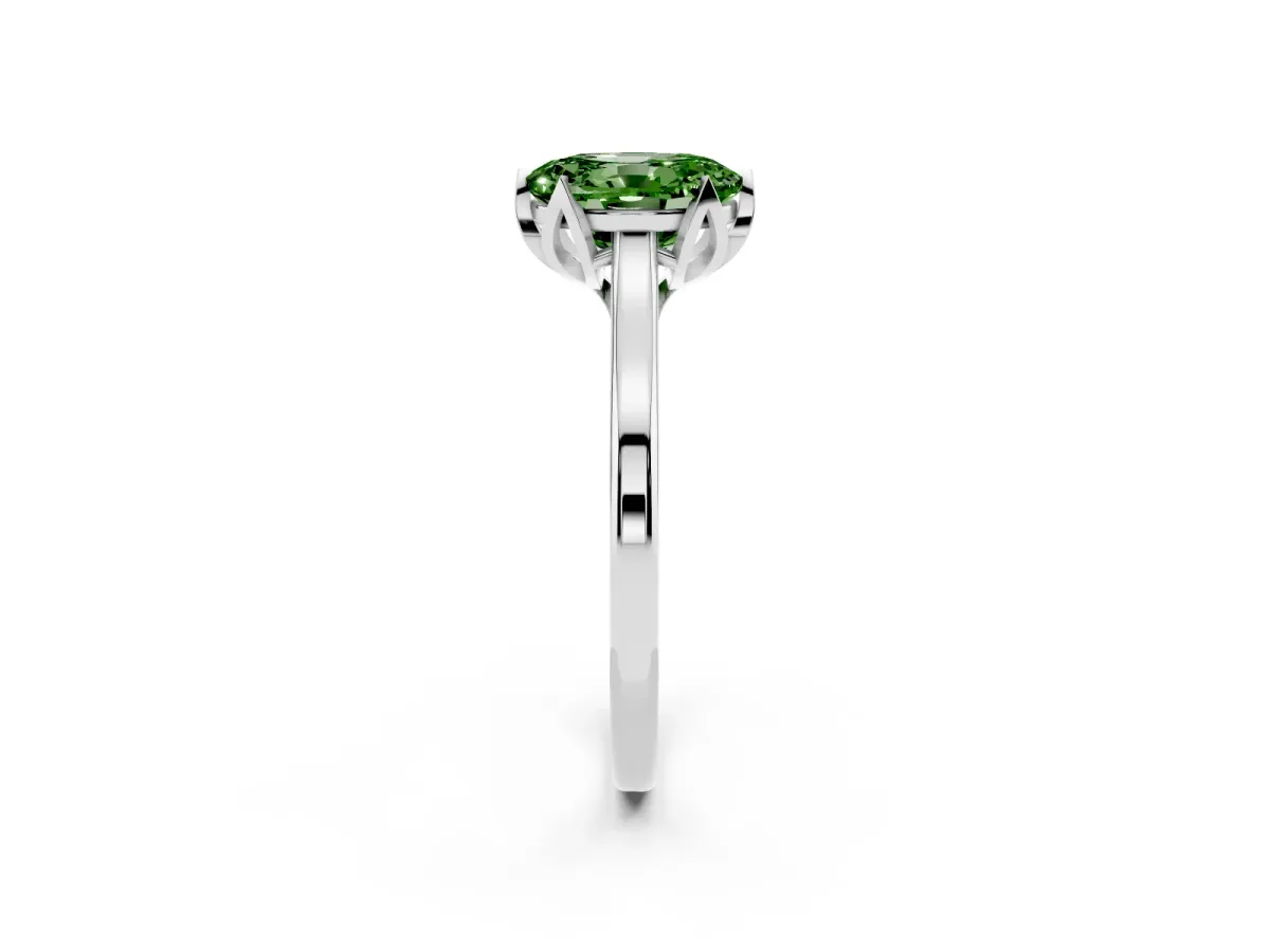 Fancy Green Oval Cut Diamond Solitaire Ring with Flower Prong Setting and Classic Band Silver