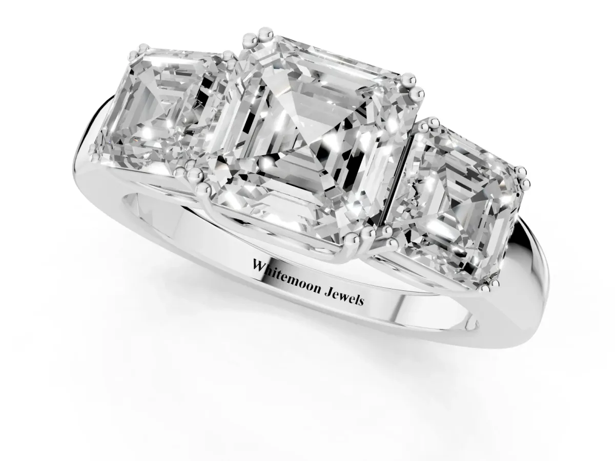 Three-Stone Asscher Cut Cut Diamond Ring with Channel Set Band and Four-Prong Setting Silver