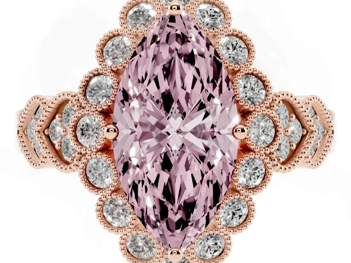 Fancy Pink Marquise Cut Brilliant Milgrain Pave Heart Band Solitaire Ring Rose gold