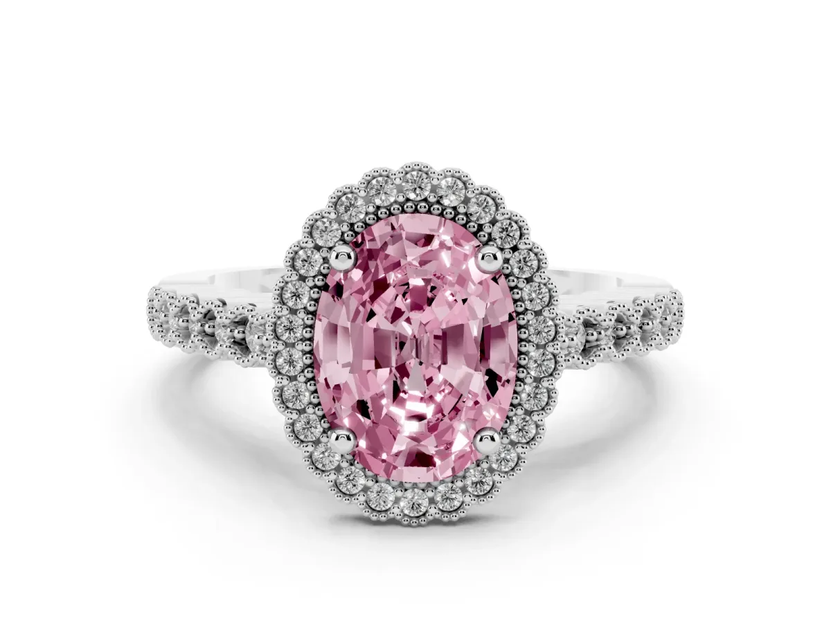Fancy Pink Oval Cut Cut Halo Pavé Solitaire Ring with Milgrain Band White gold