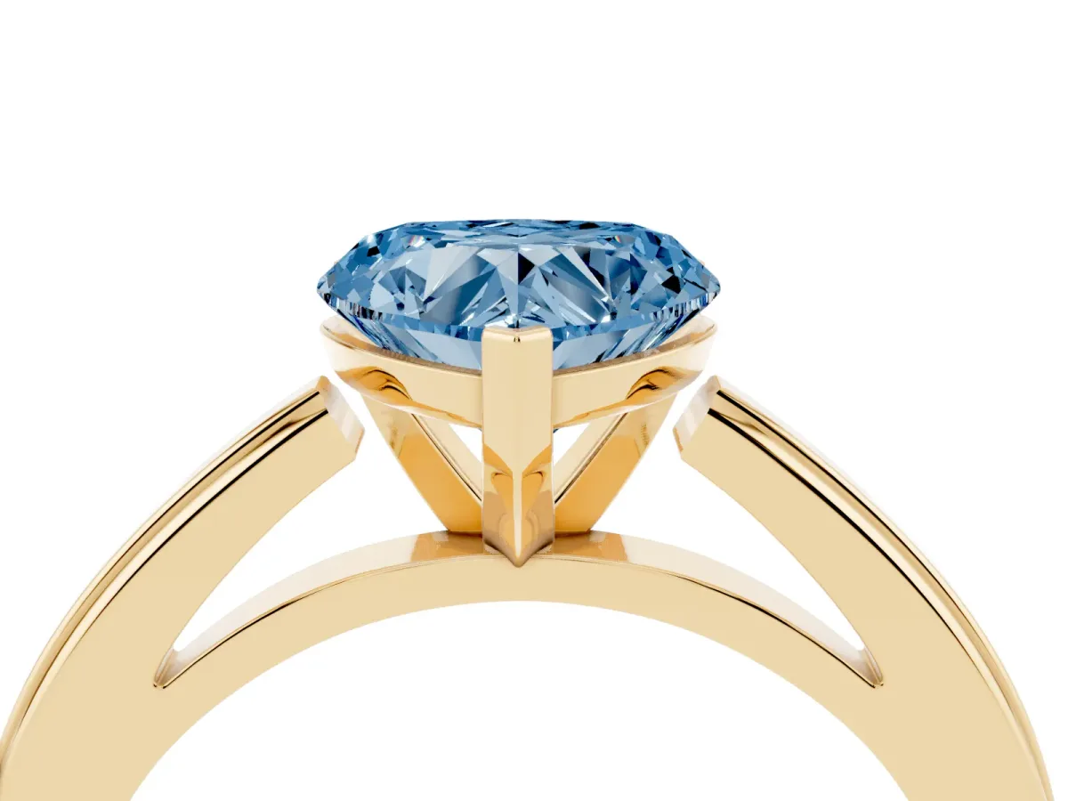 Fancy Blue Heart Cut Solitaire Diamond Ring with Four-Prong Setting and Classic Band Yellow gold