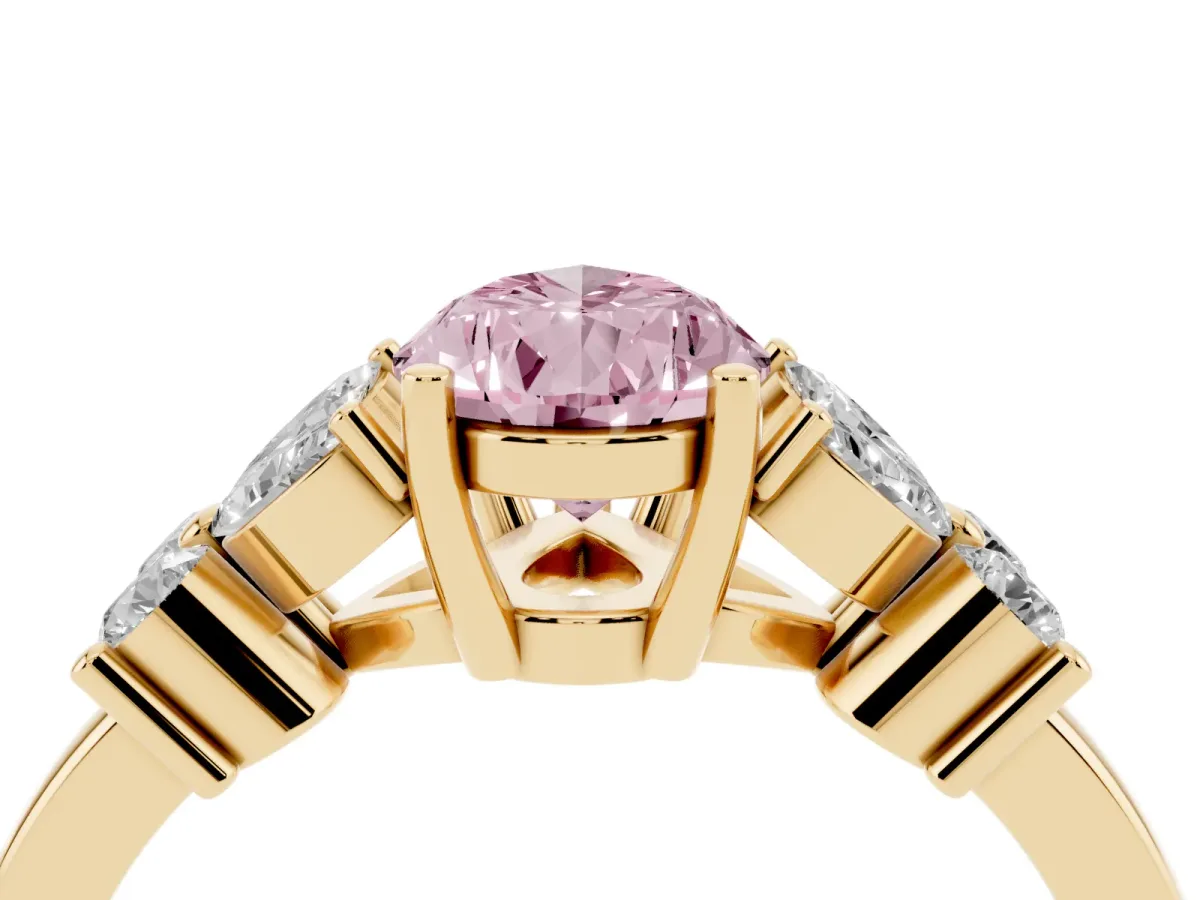 Fancy Pink Pear Cut Diamond Floral Cluster Ring with Solitaire Band and Prong Setting Yellow gold