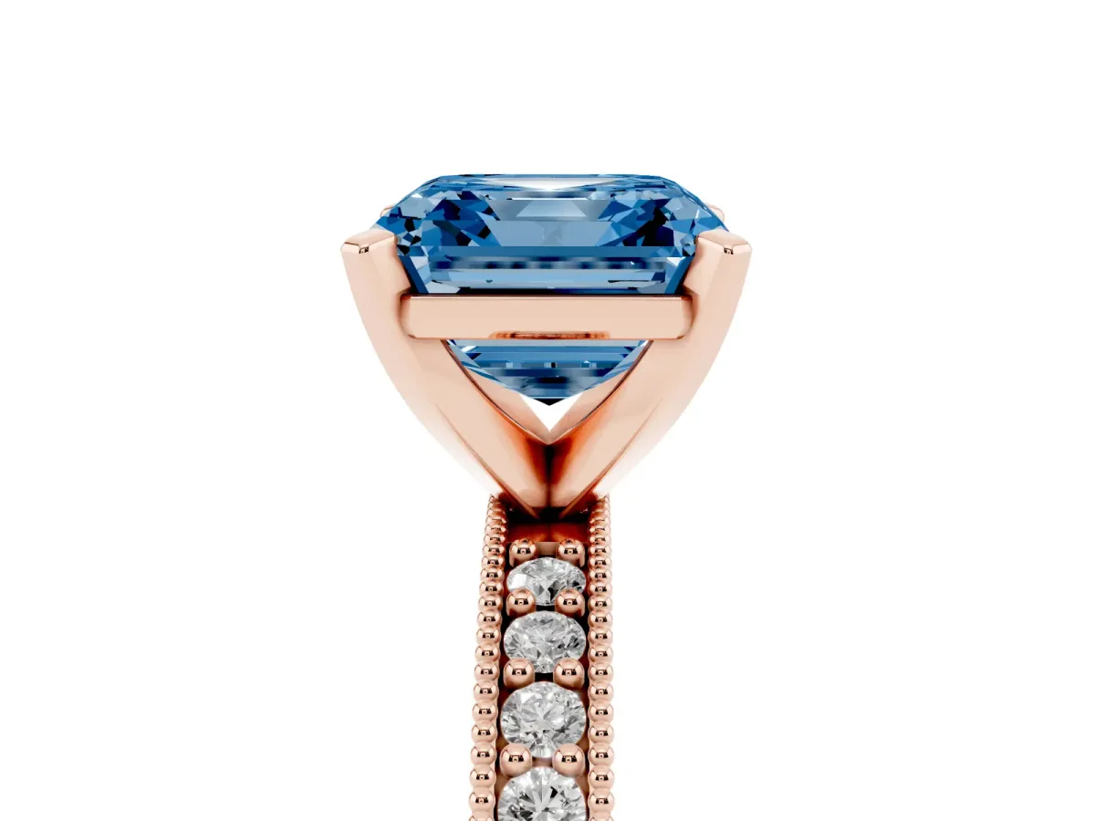 Fancy Blue Asscher Cut Diamond Milgrain Pavé Engagement Ring with Four-Prong Setting Rose gold