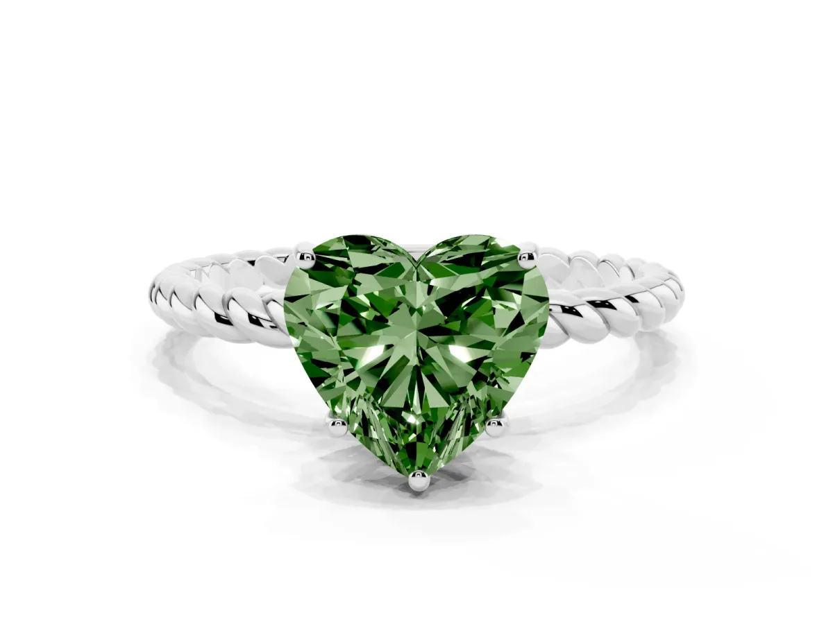Fancy Green Heart Cut Solitaire Twist Band Ring with Four-Prong Setting Silver