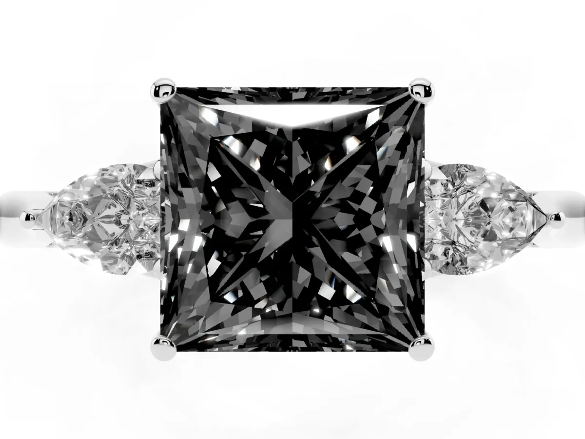 Fancy Black Three-Stone Princess Cut Brilliant Diamond Solitaire Ring with Tapered Band and Four-Prong Setting Silver
