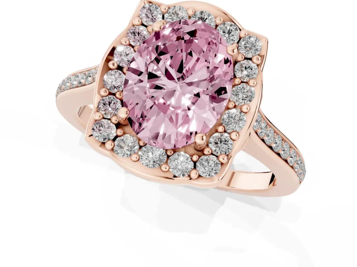 Fancy Pink Oval Cut Halo Round Diamond Pave Band with Four-Prong Setting Rose gold