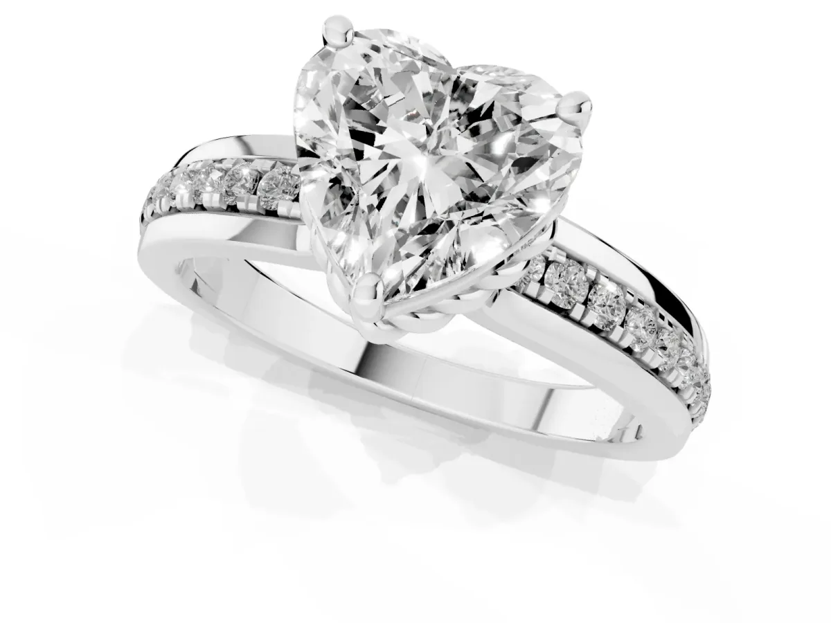 Heart Cut Solitaire Diamond Ring with Channel Set Band and Six-Prong Setting Silver