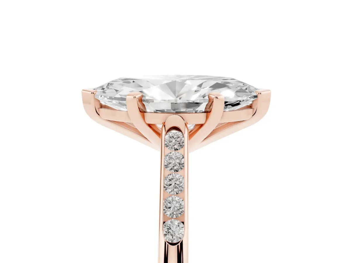 Marquise Cut Diamond Solitaire Ring with Channel Set Round Band and Prong Setting Rose gold