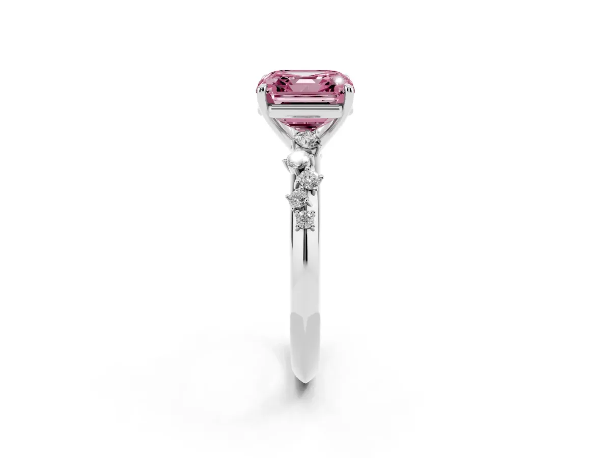Fancy Pink Asscher Cut Diamond Cluster Side Stone Solitaire Ring with Prong Setting Silver