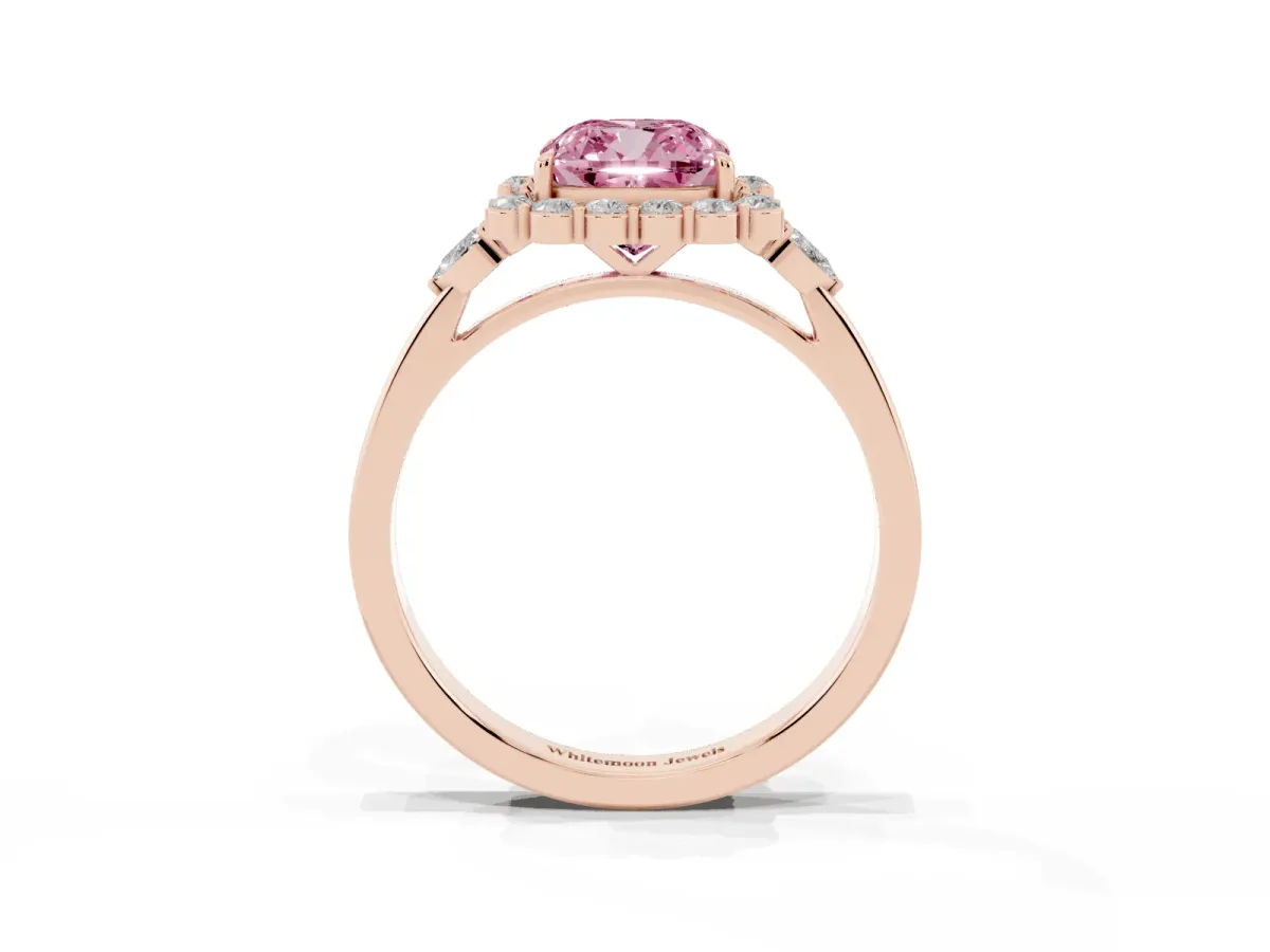 Fancy Pink Cushion Cut Diamond Halo Ring with Pear Side Stones and Prong Setting Rose gold