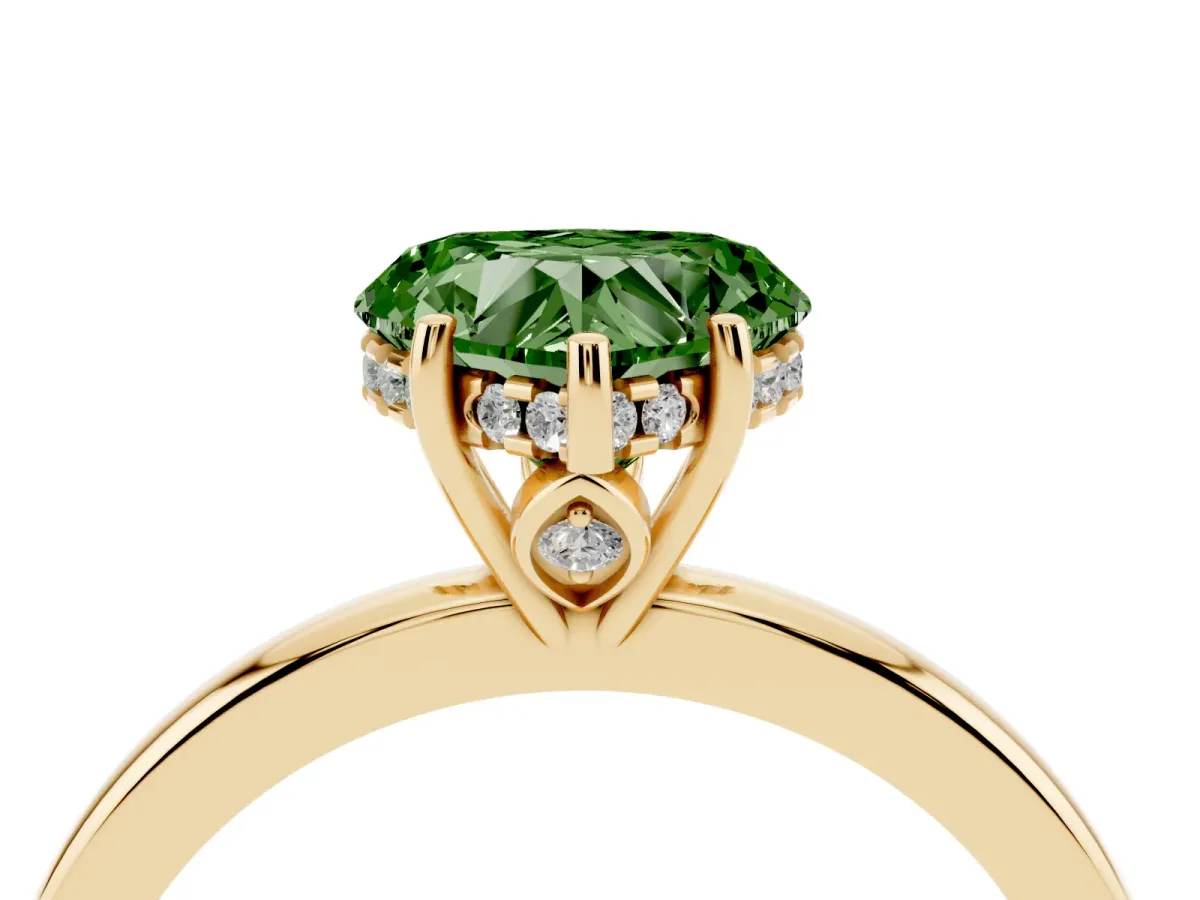 Fancy Green Heart Cut Solitaire Diamond Ring with Prong Setting and Plain Band Yellow gold