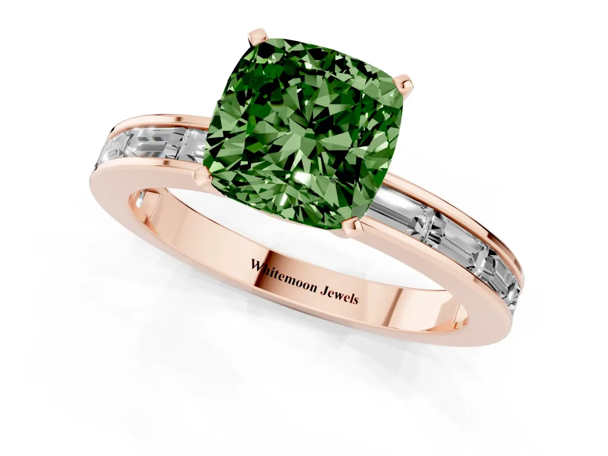 Fancy Green Cushion Cut Solitaire Diamond Ring with Channel-Set Baguette Band and Four-Prong Setting Rose gold