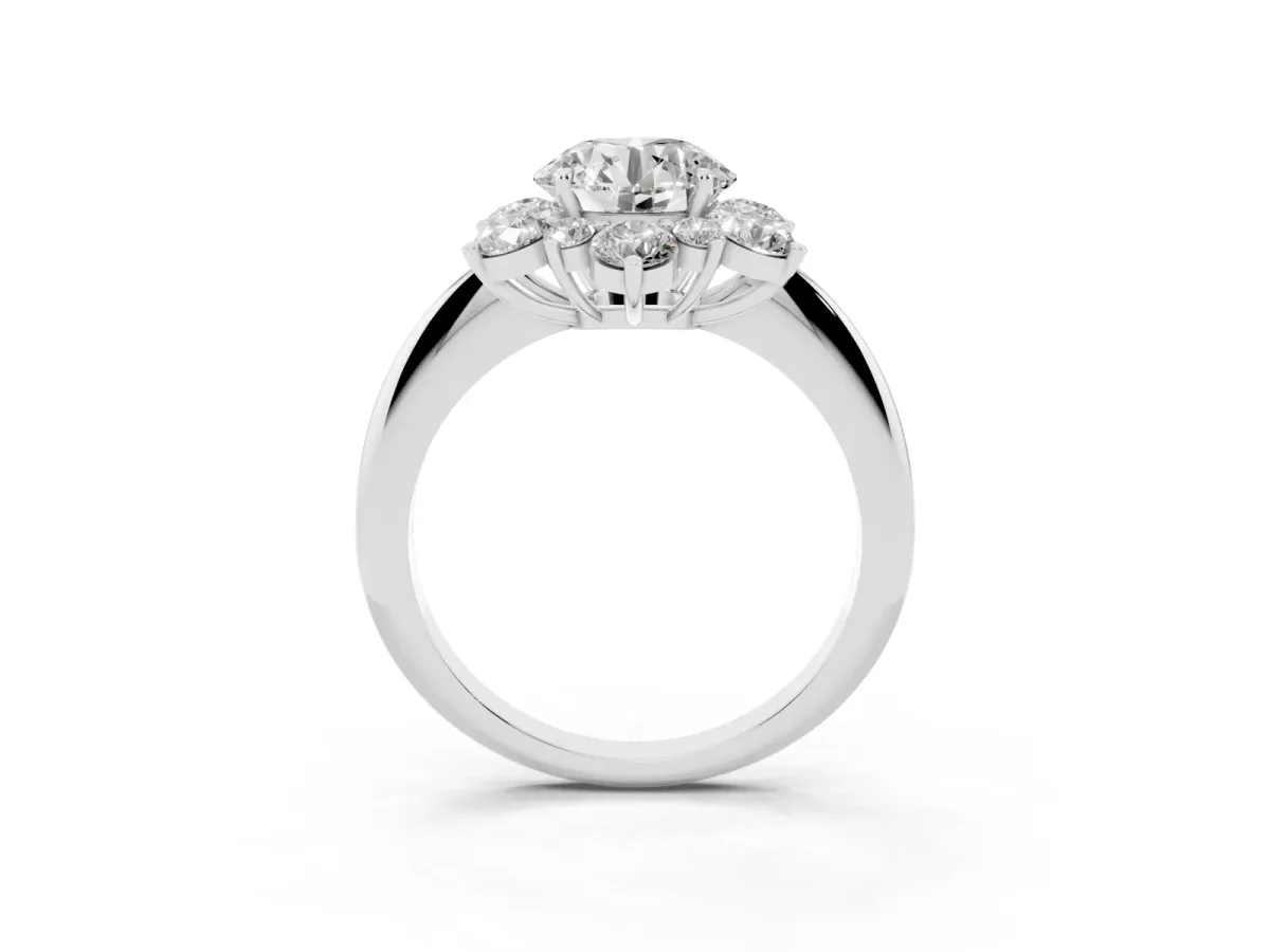 Round Cut Diamond Cluster Halo Ring with Solitaire Band and Four-Prong Setting Silver