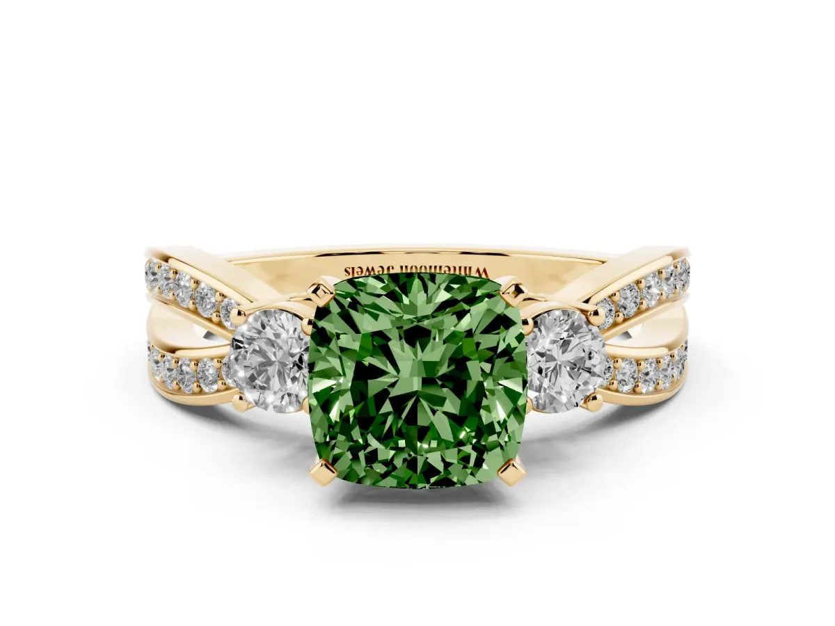 Fancy Green Three-Stone Cushion Cut Cut Diamond Twist Band with Prong Setting Yellow gold