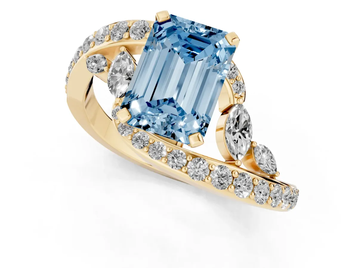 Fancy Blue Emerald Cut Solitaire with Pavé Twist Band and Four-Prong Setting Yellow gold