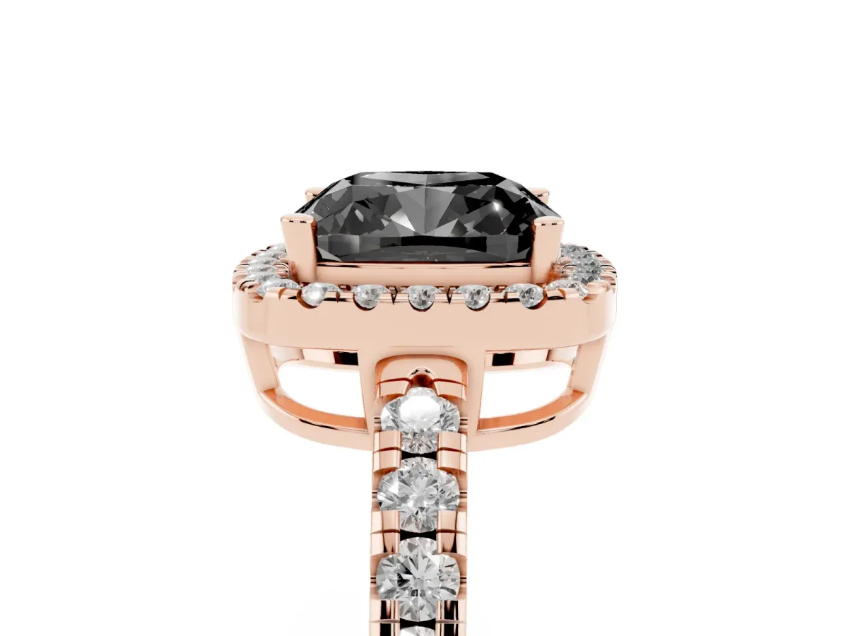 Fancy Black Cushion Cut Diamond Halo Ring with Pavé Band and Four-Prong Setting Rose gold