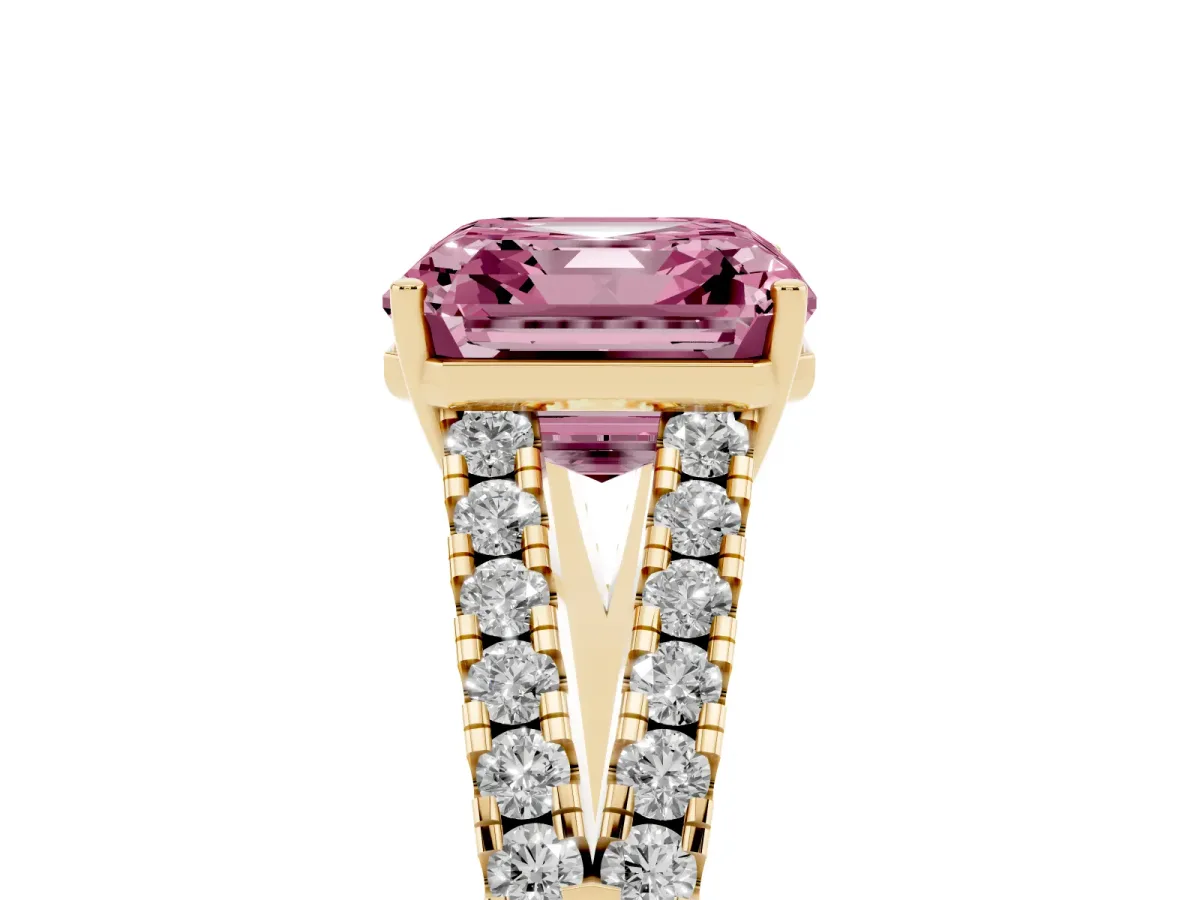 Fancy Pink Asscher Cut Diamond Split Shank Pavé Engagement Ring with Four-Prong Setting Yellow gold