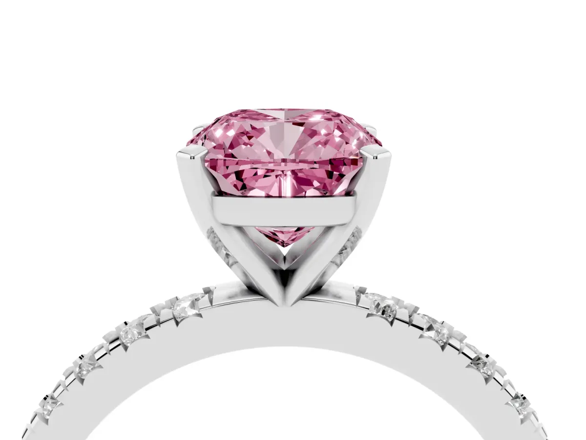 Fancy Pink Cushion Cut Diamond Pavé Band Solitaire with Four-Prong Setting Silver