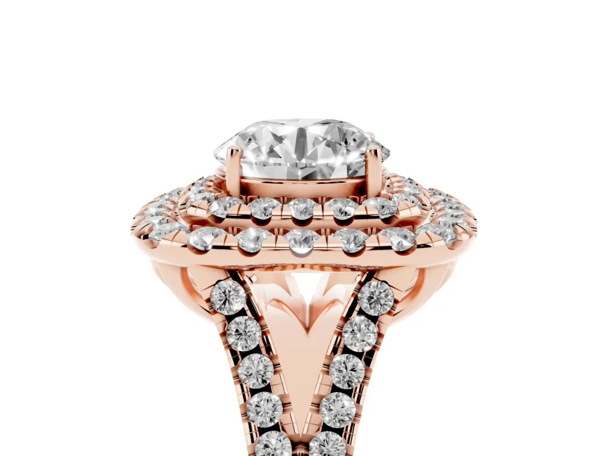 Double Halo Round Cut Diamond Pavé Split Shank Ring with Prong Setting Rose gold