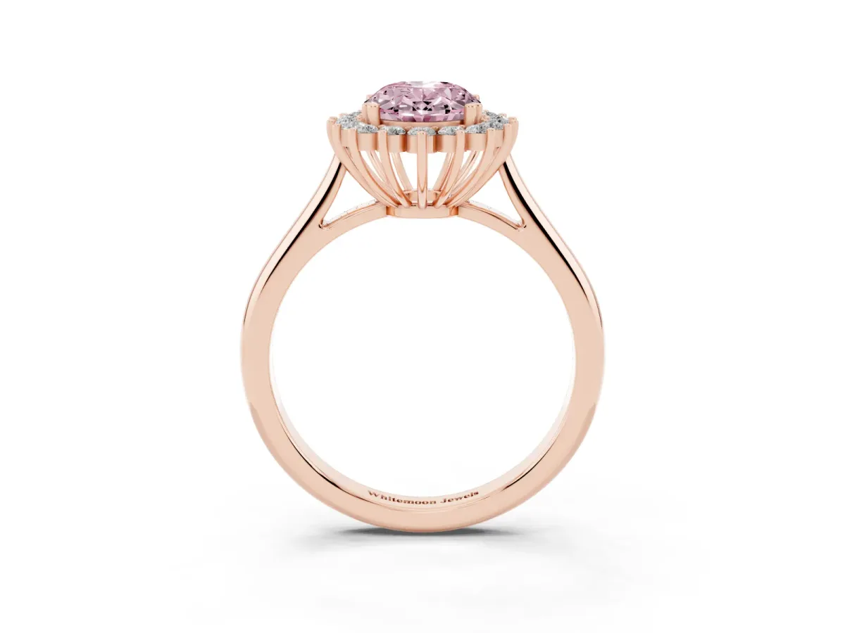 Fancy Pink Oval Cut Cut Diamond Halo Ring with Solitaire Band and Prong Setting Rose gold