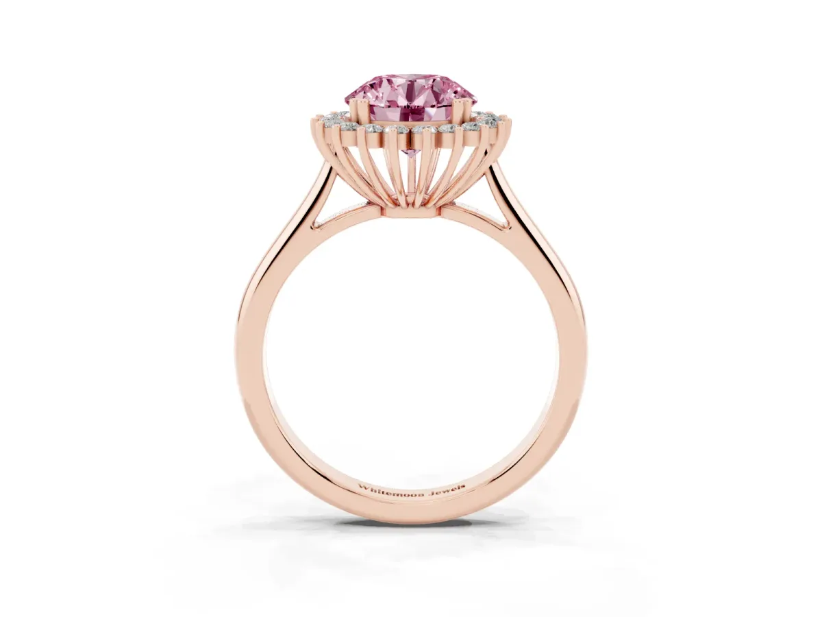 Fancy Pink Round Cut Cut Diamond Halo Ring with Solitaire Band and Prong Setting Rose gold