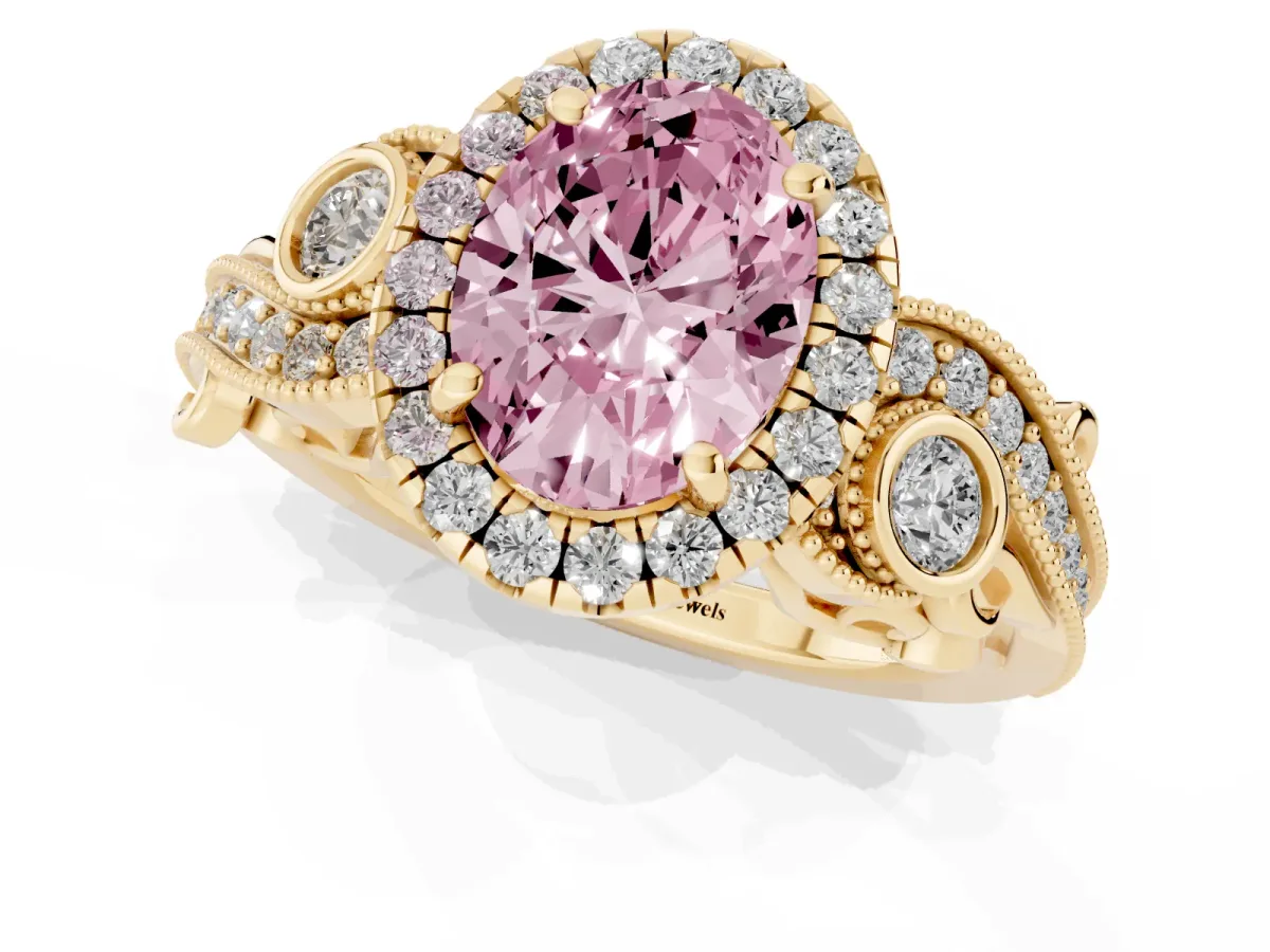 Fancy Pink Oval Cut Diamond Halo Ring with Milgrain Pavé Band and Four-Prong Setting Yellow gold