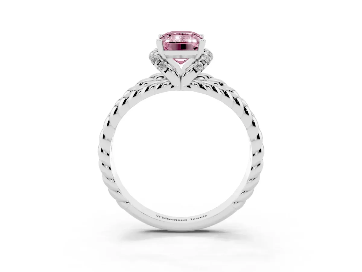 Fancy Pink Emerald Cut Halo Twisted Band Four-Prong Ring Silver