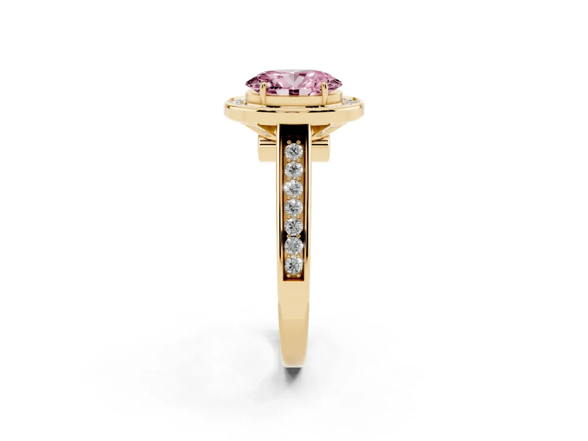 Fancy Pink Oval Cut Halo Solitaire Diamond Ring with Pave Band and Bezel Setting Yellow gold