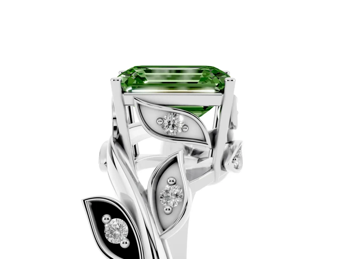 Fancy Green Emerald Cut Solitaire Twist Engagement Ring with Leaf Accents and Prong Setting Silver