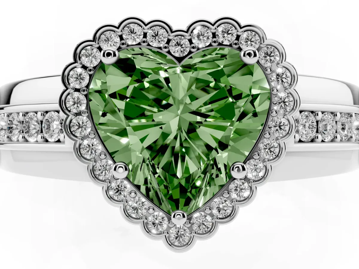 Fancy Green Heart Cut Cut Halo Pave Band Four-Prong Ring Silver