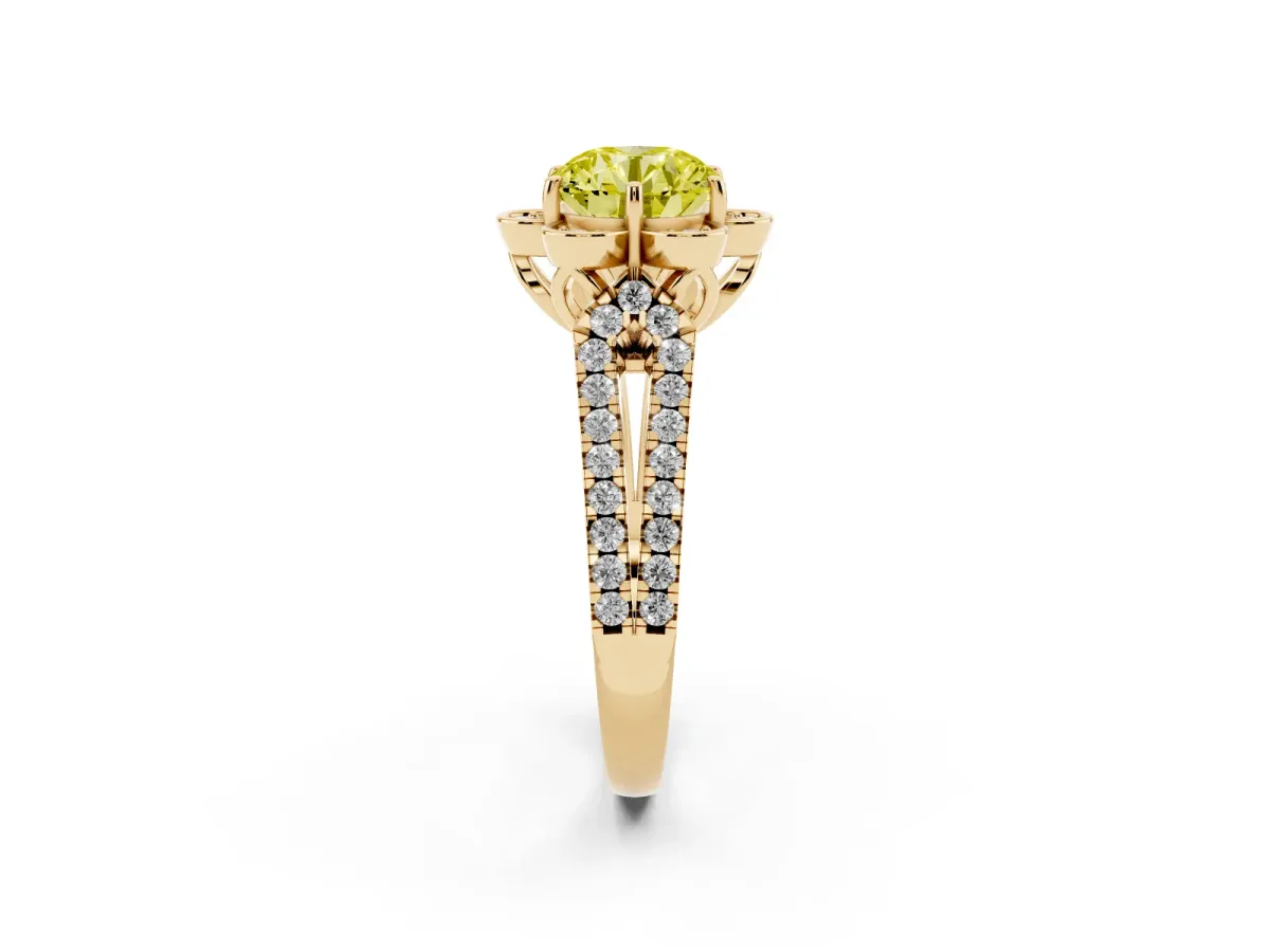 Fancy Yellow Round Cut Halo Diamond Floral Split Shank Engagement Ring Yellow gold