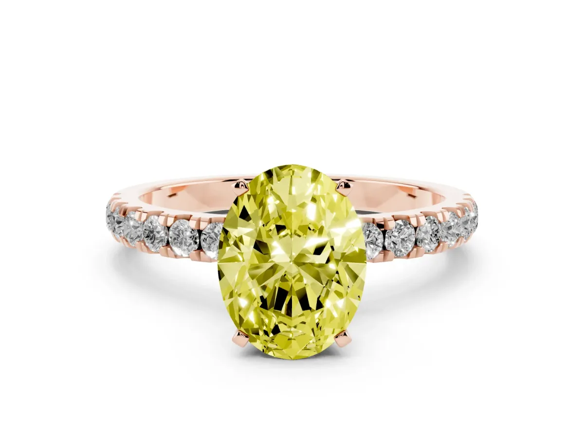Fancy Yellow Oval Cut Diamond Solitaire Ring with Pavé Accents and Four-Prong Setting Rose gold