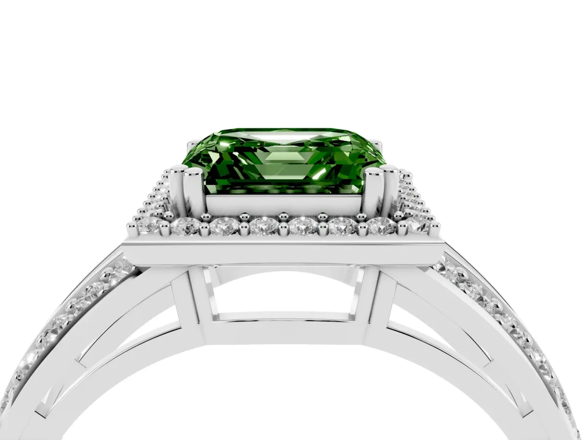 Fancy Green Asscher Cut Diamond Halo Ring with Split Shank Pavé Band and Four-Prong Setting Platinum