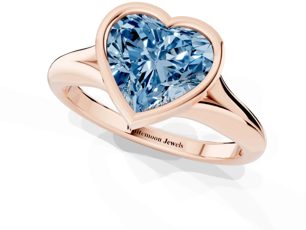 Fancy Blue Bezel Set Heart Cut Solitaire Diamond Ring with Smooth Band Rose gold