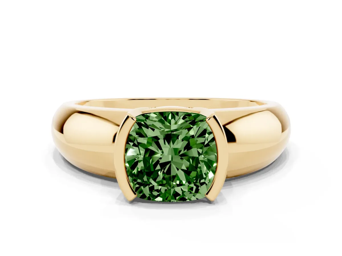 Fancy Green Cushion Cut Solitaire Tension Set Diamond Ring with Wide Band Yellow gold