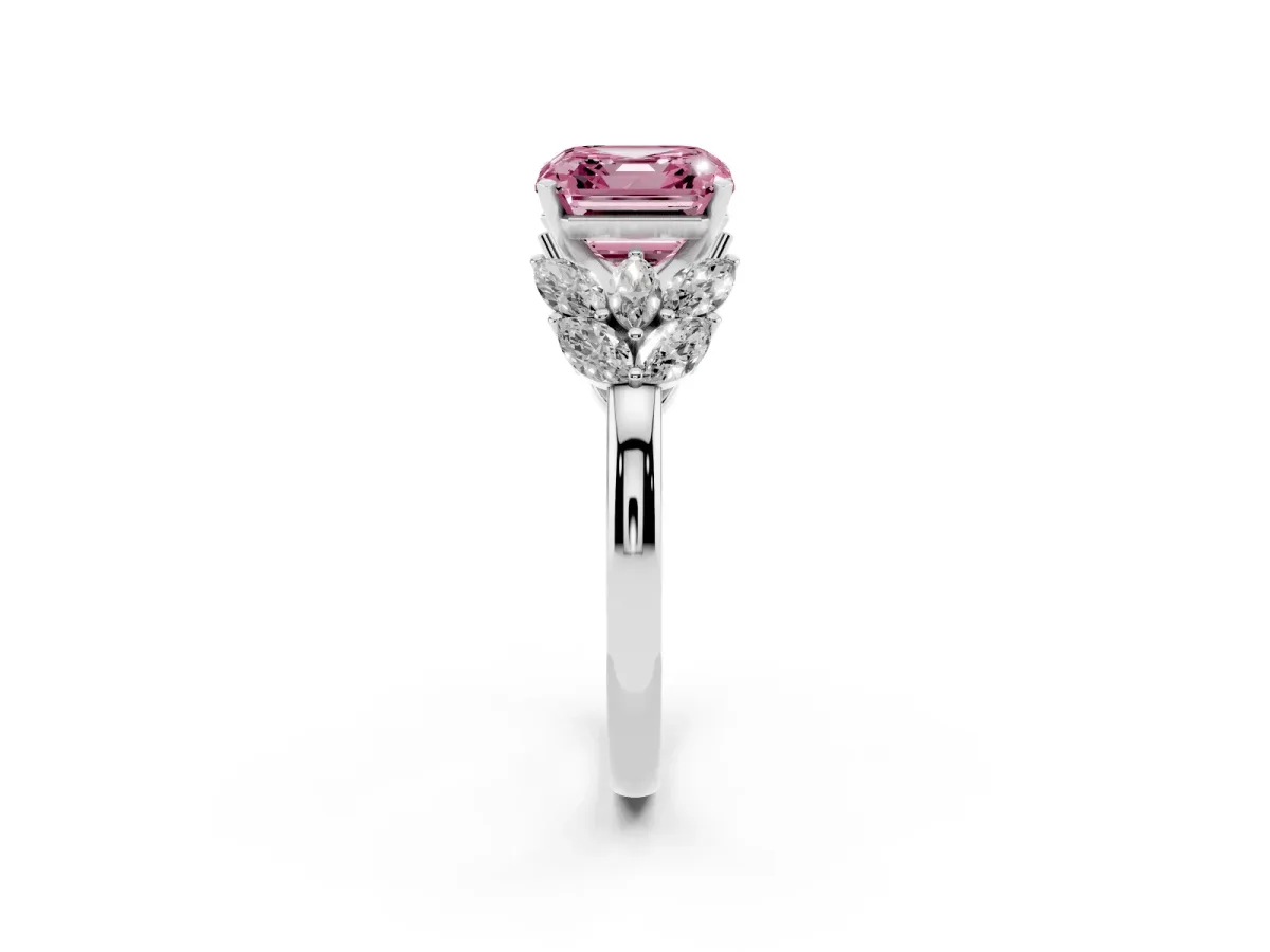 Fancy Pink Asscher Cut Diamond Cluster Leaf Design Ring with Prong Setting Silver