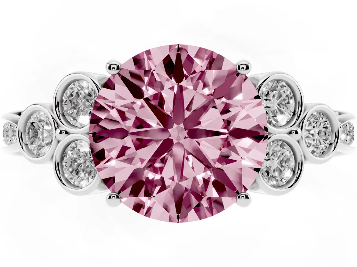 Fancy Pink Round Cut Cut Diamond Engagement Ring with Bezel Set Round Side Stones and Prong Setting Silver