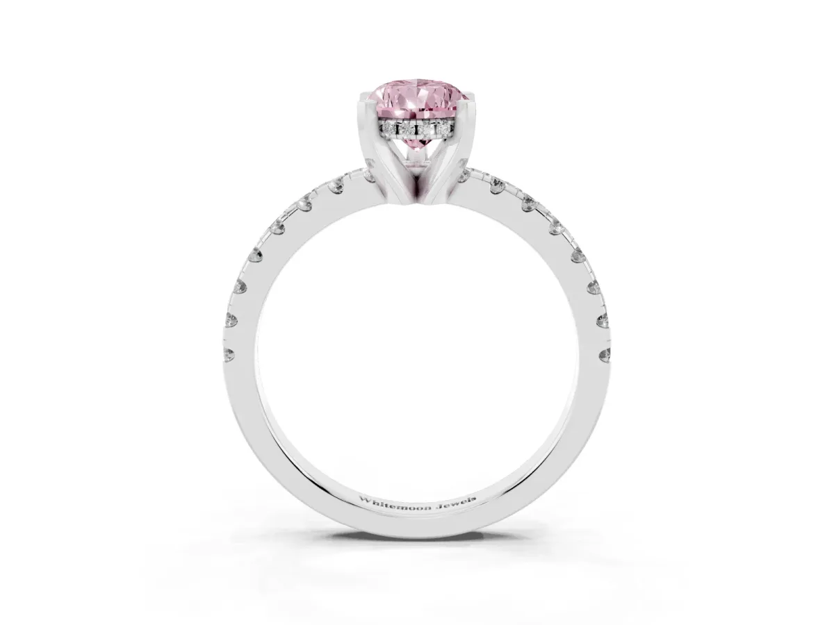 Fancy Pink Pear Cut Diamond Solitaire Ring with Round Pavé Band and Four-Prong Setting Silver