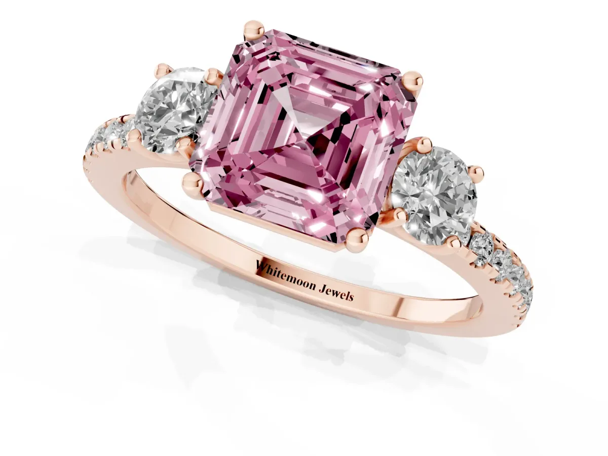Fancy Pink Three-Stone Asscher Cut Cut Diamond Pavé Band with Prong Setting Rose gold