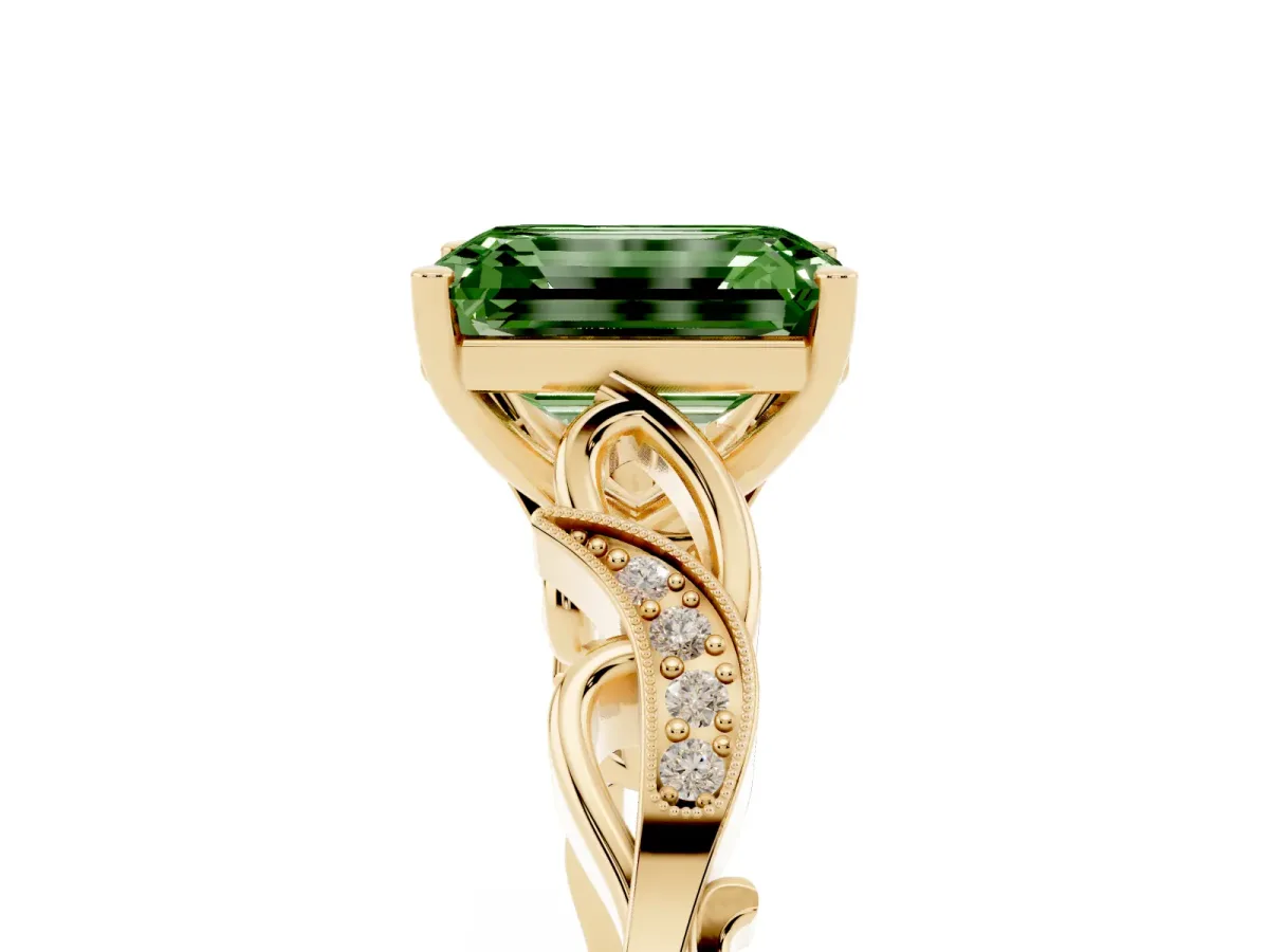 Fancy Green Emerald Cut Solitaire Vine Band with Milgrain Prong Setting Yellow gold