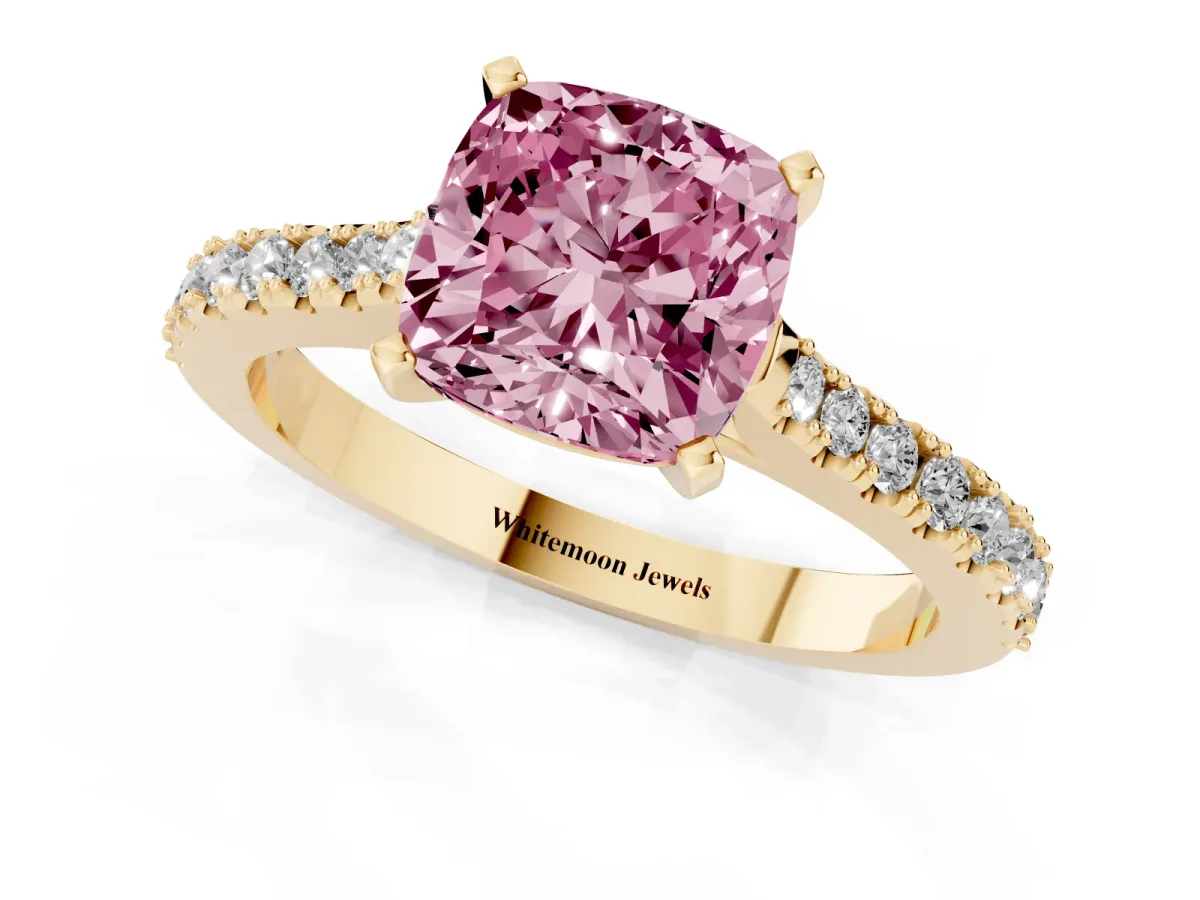 Fancy Pink Cushion Cut Cut Solitaire Diamond Engagement Ring with Pave Band and Four-Prong Setting Yellow gold